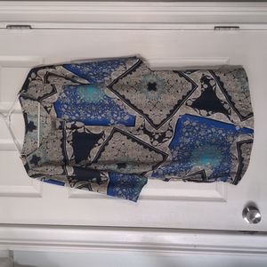 Zara Basic Lightweight Geometric Print Shift Dress Tan Blue 3/4 sleeve